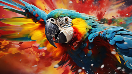 Portrait eines fliegenden bunten Papageis mit Farbexplosion im Hintergrund, Hintergrundbild  - obrazy, fototapety, plakaty