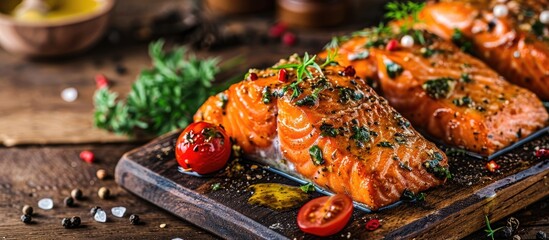Grilled salmon fillets with salt pepper and herb decoration. Copy space image. Place for adding text or design - obrazy, fototapety, plakaty