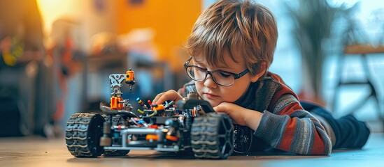 One kid choose parts of robotic electric toys for his age of four to build robots at robotics school lesson. Copy space image. Place for adding text or design - Powered by Adobe