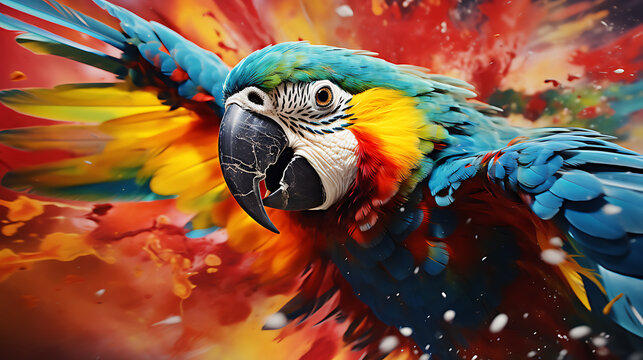 Portrait eines fliegenden bunten Papageis mit Farbexplosion im Hintergrund, Hintergrundbild 