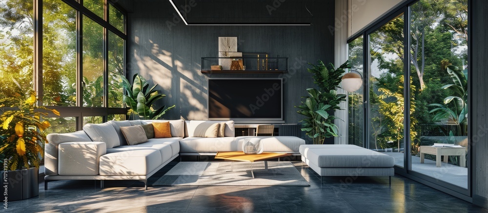 Poster living room with a corner sofa in front of a large tv and access to a cozy backyard in a modern hous