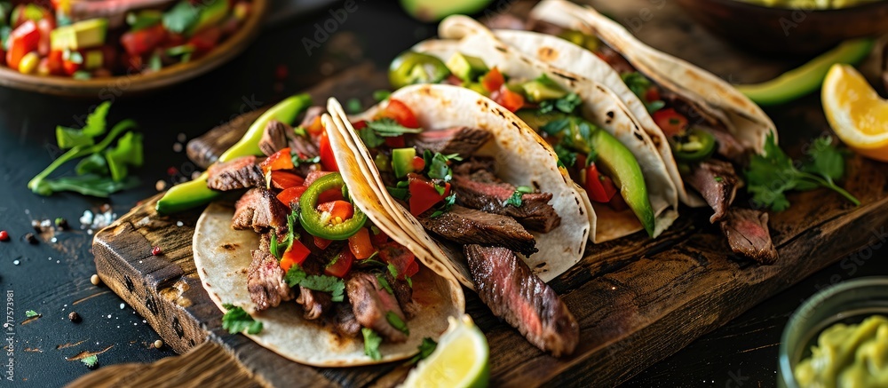 Poster grilled skirt steak fajitas recipe beef steak fajitas tacos hot tortillas with avocado salsa and gre