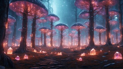 A mystical forest where the trees are made of glowing crypto crystals, each one pulsing with its own unique energy.