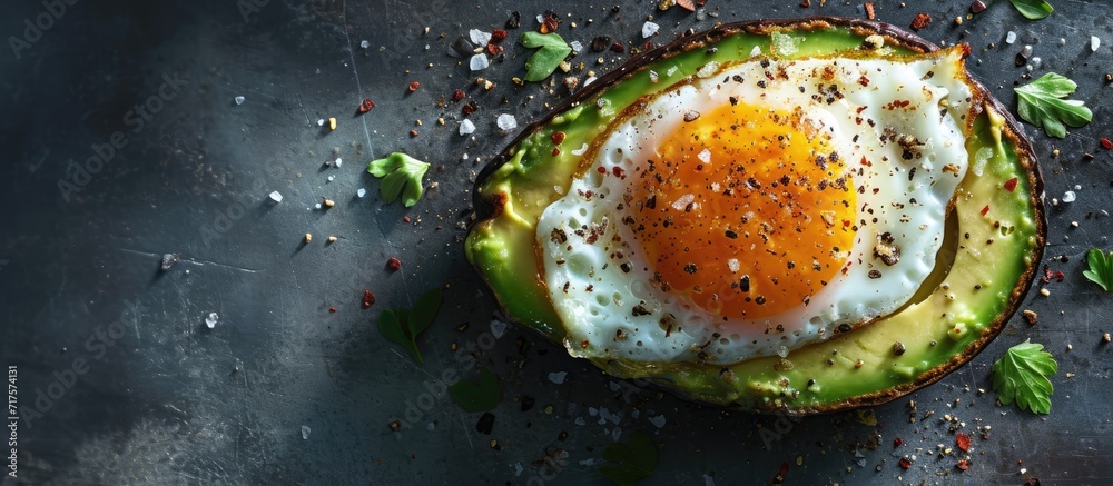Poster homemade organic egg baked in avocado with salt and pepper. copy space image. place for adding text 