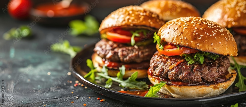 Poster homemade hamburger grilled beef patties sesame buns with other ingredients on dark slate plate. copy