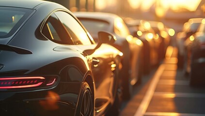 black cars parked in a parking lot near sunset or sunrise, in the style of close-up intensity, light silver and light gold,