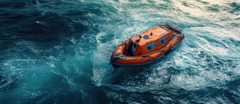 Lowering orange totally enclosed lifeboat to water Abandon ship drill Lifeboat training Man over board drill. Copy space image. Place for adding text or design