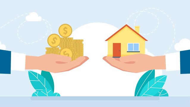 Payment of rent, credit, housing mortgage. Hand gives a yellow home to other hand with money cash. Rental or lease a house. Pile of gold coins. Payment of utility services. 2d flat bright animation