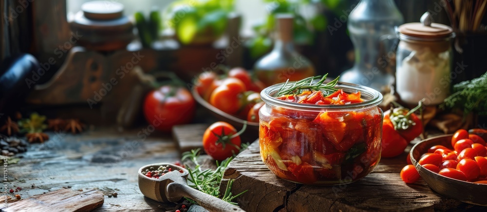 Poster jars for the winter tomato roasted red pepper and eggplant paste with spices organic and homemade he