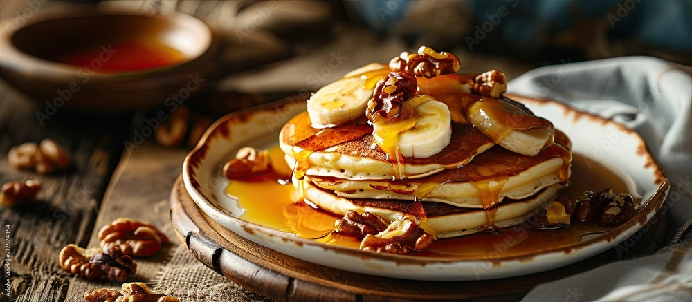 Poster Pancakes with banana walnut and caramel for a breakfast. Copy space image. Place for adding text or design