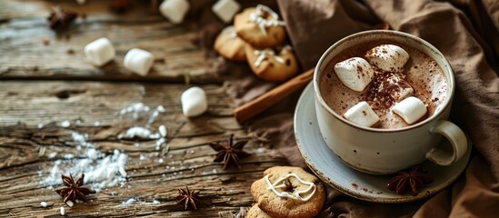 Hot cocoa or hot chocolate in cups with marshmallows on the side and cookies in the back photographed on wood Selective Focus Focus in the middle of the right cocoa s surface. Copy space image