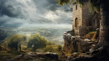 Foto op Aluminium medieval castle tower peering out from a castle tower © Aura