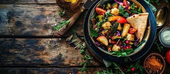 Healthy fattoush salad closeup The key ingredient in this middle eastern dish is the toasted pita bread which is mixed with healthy vegetables herbs and a dressing made with lemon and sumac