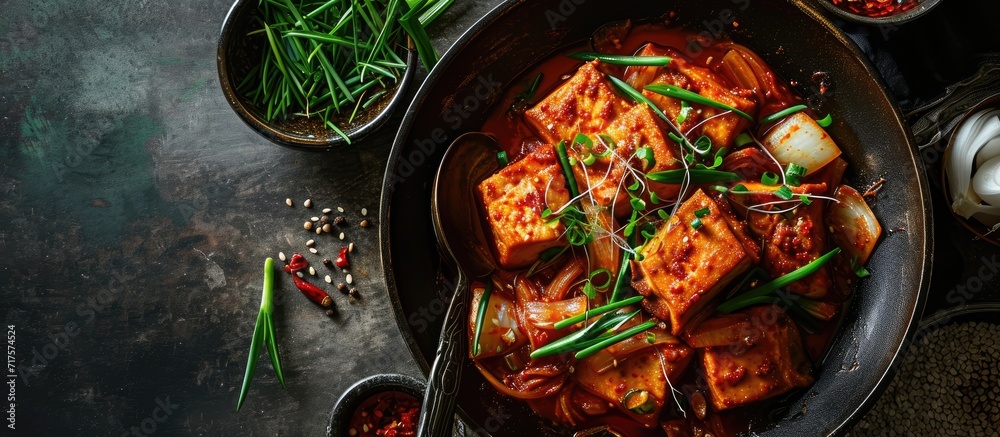 Poster Homemade spicy pork belly cooked with kimchi spring onions onion and tofu Marinated with red chilli paste called gojuchang. Copy space image. Place for adding text or design