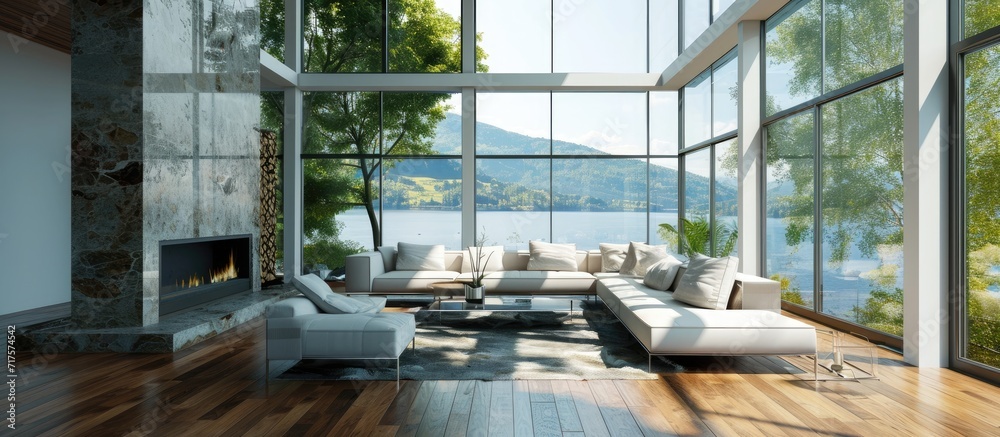 Poster large open living room with lake view floor to ceiling windows view granite fireplace white furnishi