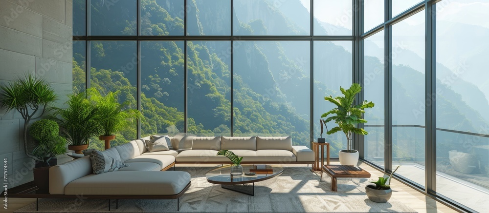 Poster interior designer living room with a view. copy space image. place for adding text or design
