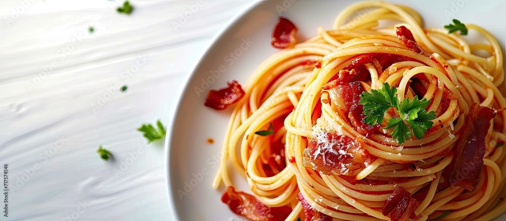 Poster Homemade Stir Fried Spaghetti With Dried Chili And Bacon. Copy space image. Place for adding text or design