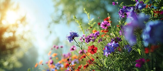 Obraz na płótnie Canvas How beautifully the flowers of purple and blue red misty color are blooming it looks very beautiful the open sky is full of green nature around and the sun is shining around. Copy space image