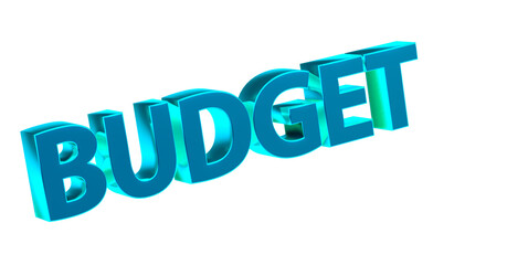 Budget, Finanzen, Geld, Sparen, Kosten, Ausgaben, Einnahmen, Business, Finanzplanung, Haushalt, Investitionen, Wirtschaft, Geldmanagement  - hellblaue plakative 3D-Schrift, Freisteller, Rendering
