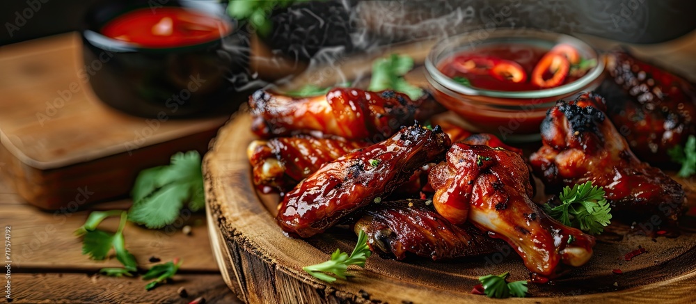 Poster hot and spicy bbq chicken wings with dip and hot sauce on wooden plate with steam smoke and vegetabl