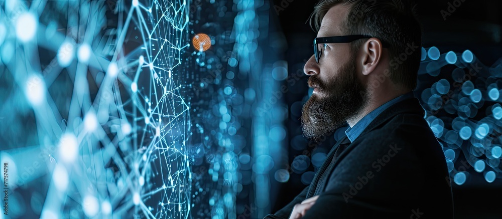 Poster Middle Aged Bearded Senior Project Manager Stands Next to Big Screen with Neural Network Professional Computer Data Science Engineer Work in a System Control and Monitoring Telecommunications O
