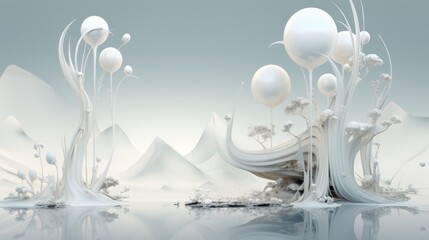 An abstract white dreamscape with botanical elements and soft hues