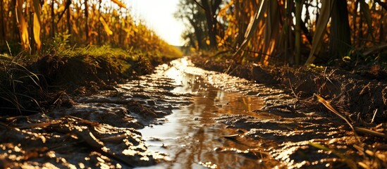 Heavy rains in Midwest have eroded dirt away in a farm field creating a waterway and slowing planting off corn and soybeans. Copy space image. Place for adding text or design - obrazy, fototapety, plakaty