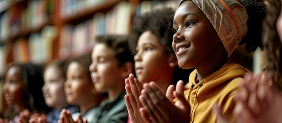 Multiethnic group of kids sitting on floor near teacher and applauding Diverse schoolchildren having lesson in school library and clapping hands thanking teacher. Copy space image - obrazy, fototapety, plakaty