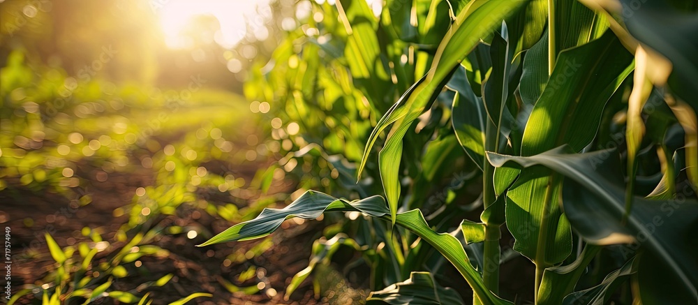 Poster leaves of corn in sun ripening of the corn field green leaves of plants in field. copy space image. 