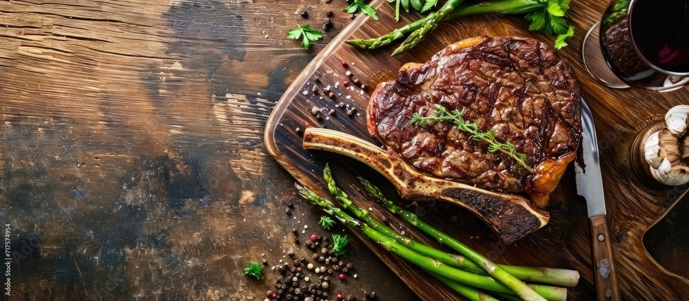 Aufkleber Medium rare grilled Tomahawk beef steak with asparagus and red wine. Copy space image. Place for adding text or design