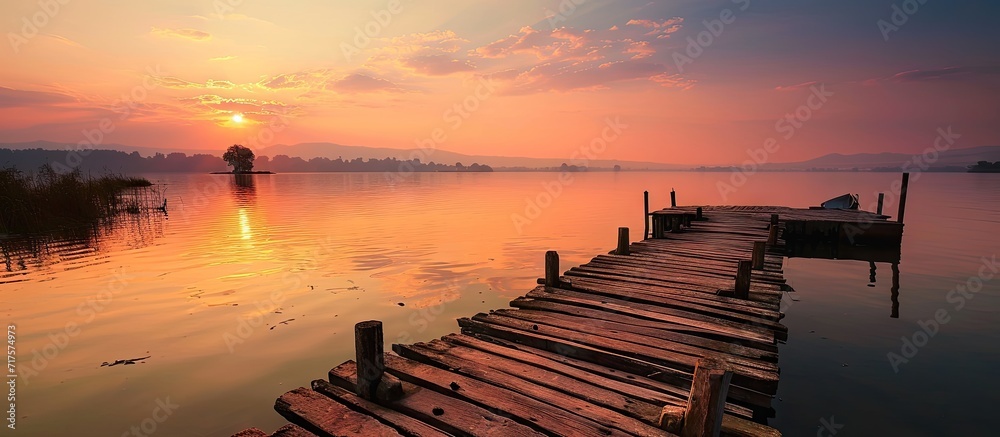 Poster landscape of a lake at sunset and with a wooden jetty. Copy space image. Place for adding text or design