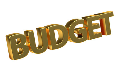 Budget, Finanzen, Geld, Sparen, Kosten, Ausgaben, Einnahmen, Business, Finanzplanung, Haushaltsplan, Investitionen, Wirtschaft, Geldmanagement  - goldene plakative 3D-Schrift, Freisteller, Rendering
