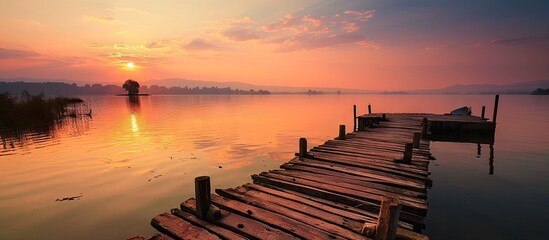 landscape of a lake at sunset and with a wooden jetty. Copy space image. Place for adding text or design