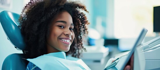 Little smiling mixed raced girl with curly hair sitting in dental chair and looking at camera while holding x ray scan image of her teeth on digital tablet Pediatric dentistry orthodontics - obrazy, fototapety, plakaty