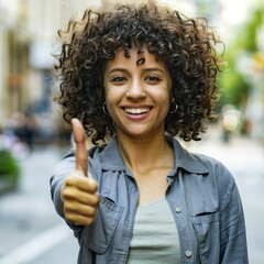 Portrait of happy curly hair female signaling with thumbs up