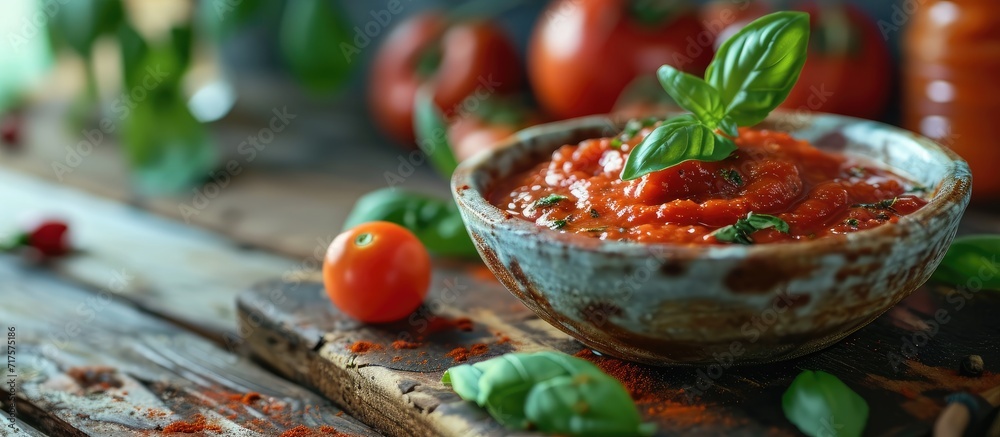 Poster Italian tomato paste with basil beautiful serving in the restaurant. Copy space image. Place for adding text or design