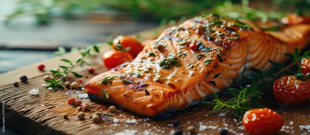 Poster Grilled salmon fillets with salt pepper and herb decoration. Copy space image. Place for adding text or design