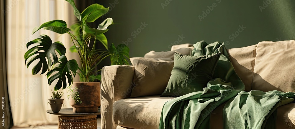 Poster green plant in black pot next to beige couch with emerald green blanket. copy space image. place for