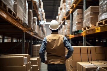 man with helmet working warehouse