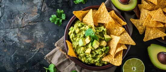 Guacamole avocado mash dip with tortilla chips and fresh avocados. Copy space image. Place for adding text or design
