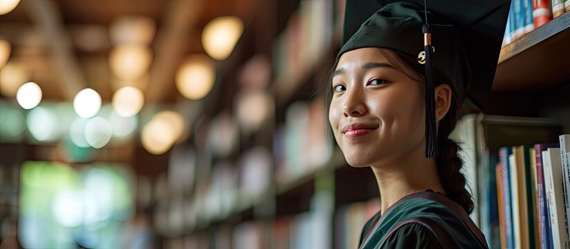 Happy Asian graduate wearing graduation gown at library. Copy space image. Place for adding text or design