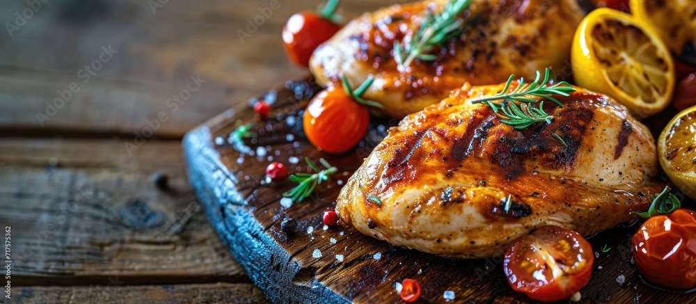 Aufkleber Grilled chicken breast with fresh vegetables Selective focus. Copy space image. Place for adding text or design