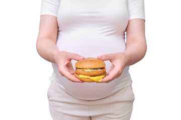 Pregnant woman with hamburger, isolated on a white background