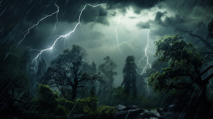 midnight thunderstorm in a forest - obrazy, fototapety, plakaty