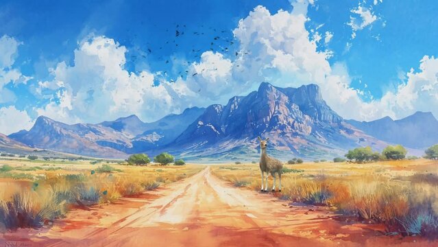 beautiful scenery of golden dry grasses. watercolor painting illustration style. seamless looping 4k time-lapse virtual video animation background