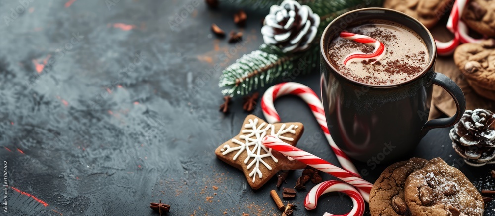 Poster Hot cocoa with candy canes and few cookies. Copy space image. Place for adding text or design