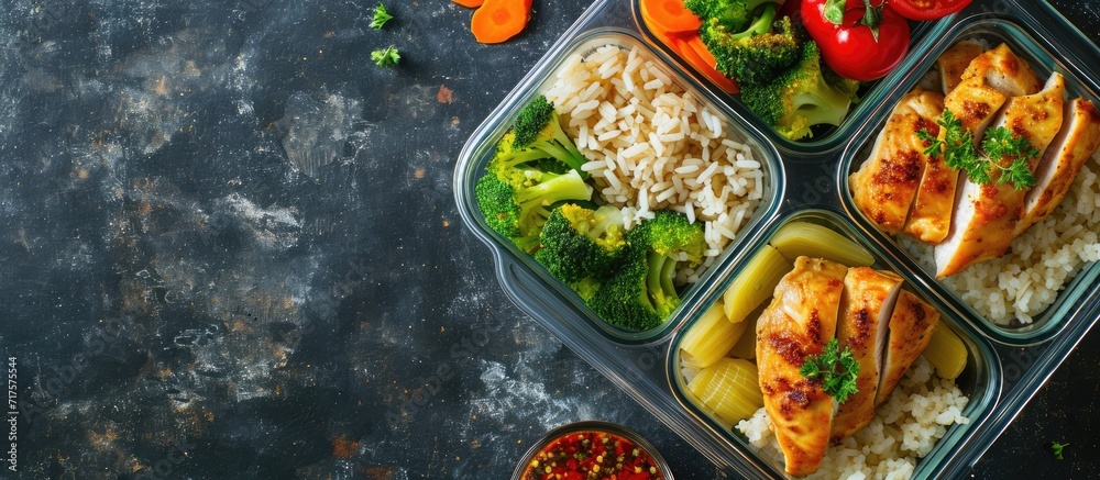 Poster healthy green meal prep containers with chicken fillet rice brussels sprouts and vegetables overhead