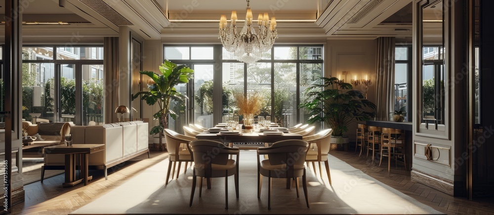 Poster front view of stylish and light dining room with big windows and crystal chandelier in center of cei