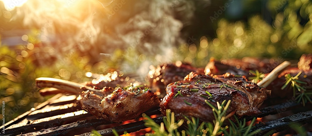 Poster lamb chop being grilled under flames at outdoor. copy space image. place for adding text or design