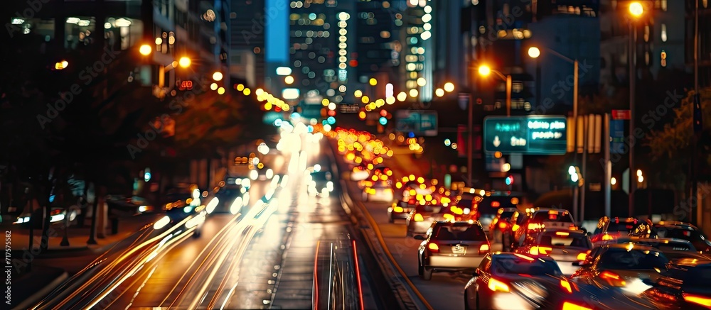Poster Nighttime traffic heading to Houston Downtown at Night. Copy space image. Place for adding text or design